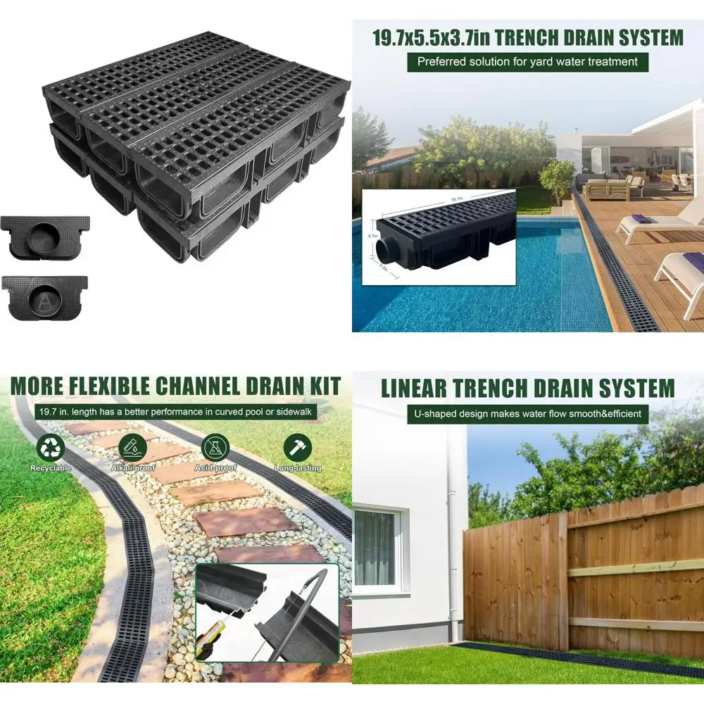 

6-Piece HDPE Trench Drain System, 19.7x5.5x3.7 with Grates, 118.2 Total Length, Outdoor Drainage for Yards, Fences, Sidewalks, a