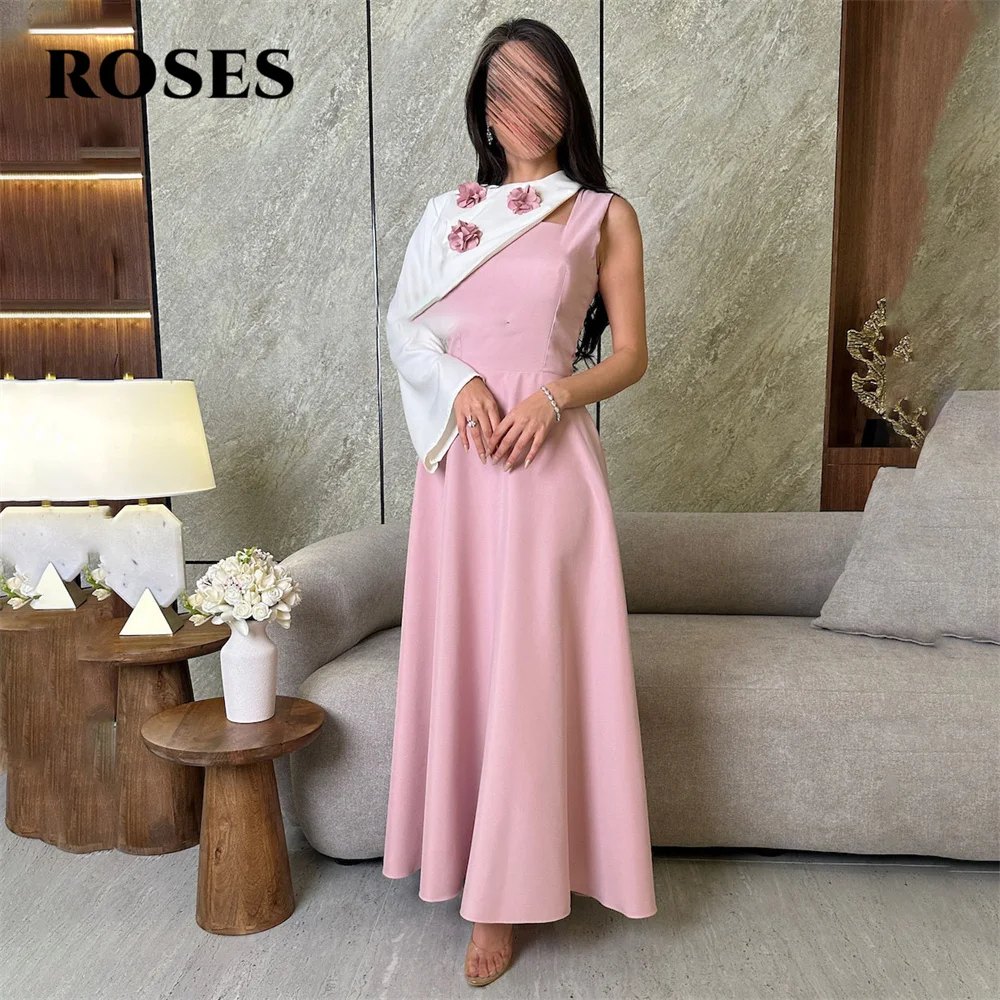 

ROSES Pink Stain Evening Dresses One Shoulder Prom Dress 3D Flowers Party Night Dresses for Woman Saudi Arabia Customized