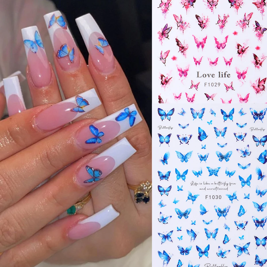 2 Stück blau-rosa Nagelaufkleber mit Schmetterlingsdesign, lebendige Frühlings- und Sommer-Nagelaufkleber mit elegantem Schmetterlingsdesign für die Nageldekoration