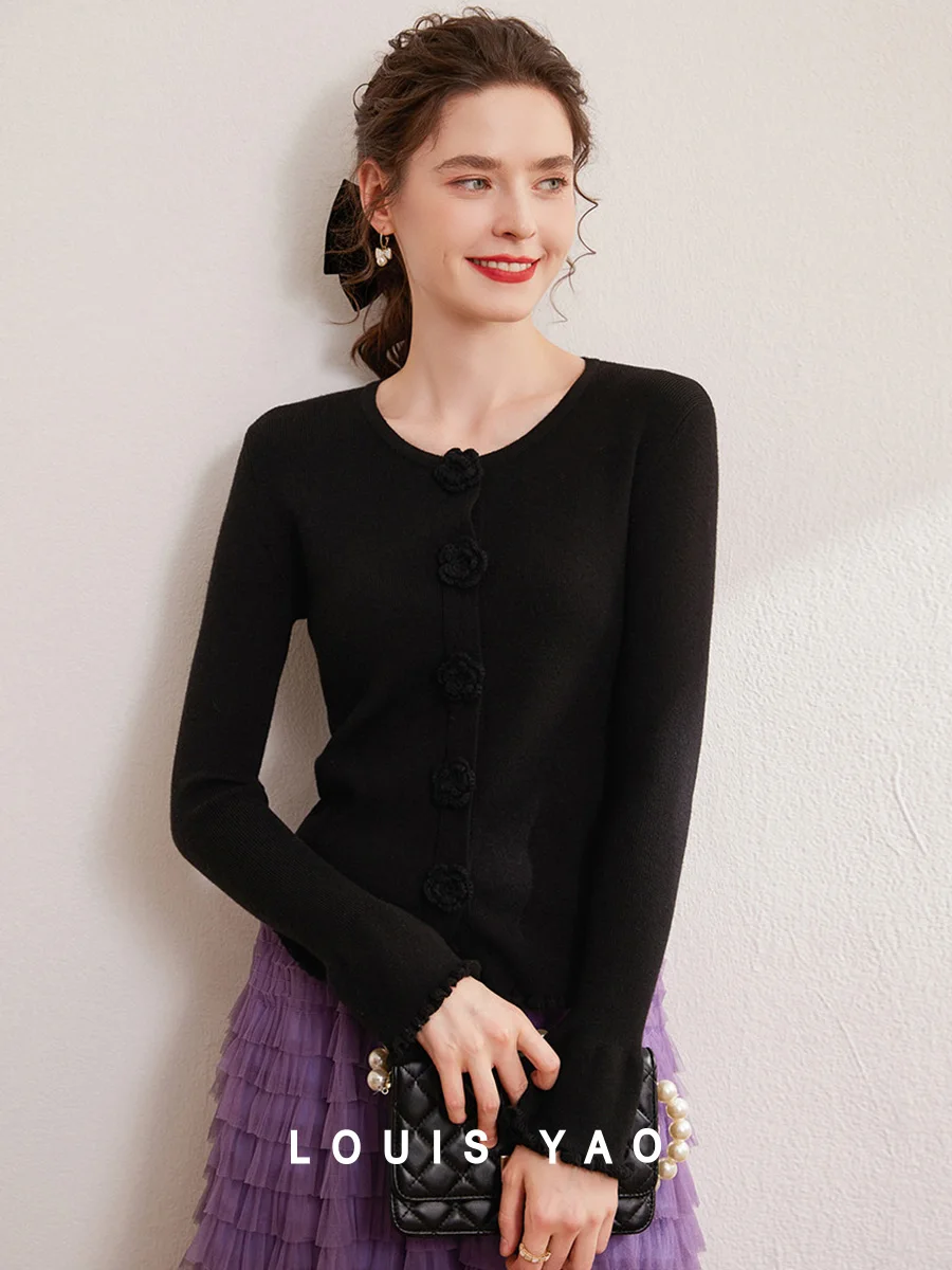 LOUIS YAO 2024 Winter Three Dimensional Flower Wave Edge Fashionable Sweet Slim Fit Hoodie Long Sleeve Women's Knitted Sweater