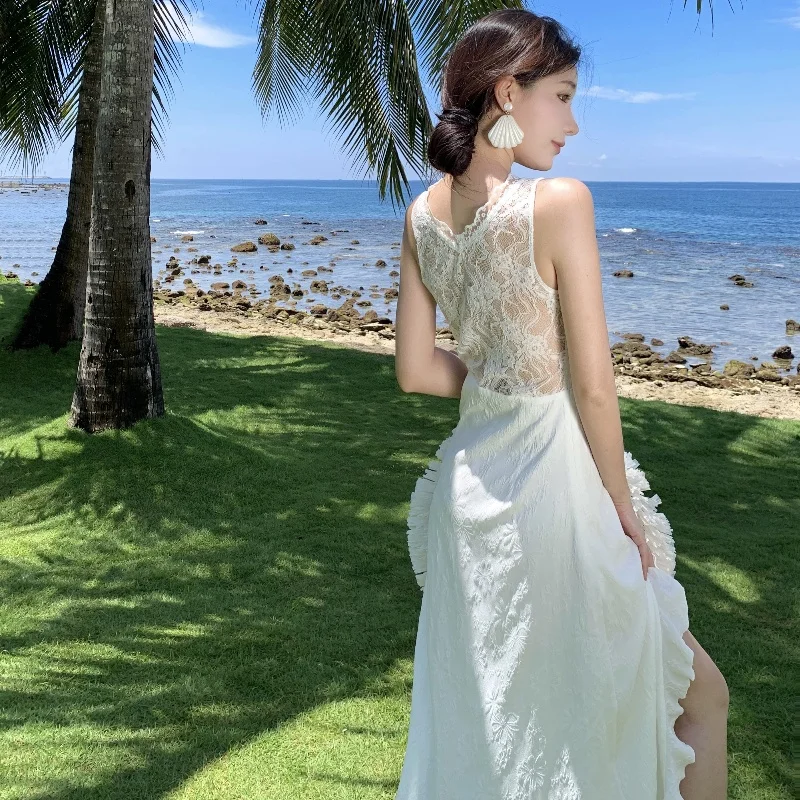 Vaion Sle Lace Splice Floral Cutout Women's Dr Asymmetrical Hemline White Long Vest Skirt High Waist Chiffon Gown