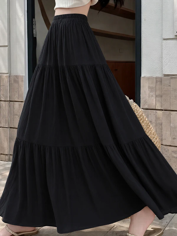 Summer New Floral Cotton Silk Half Skirt High Waist Casual Wide Hem Young Style Bohemian Polka Dot Cake Long Skirt