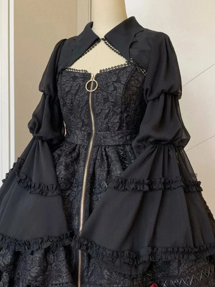 

Gothic Lolita Cardigan Blouse Women Loose Puff Sleeve Lace Patchwork Black Cropped Shirts Japanese Harajuku All Match Capes Top