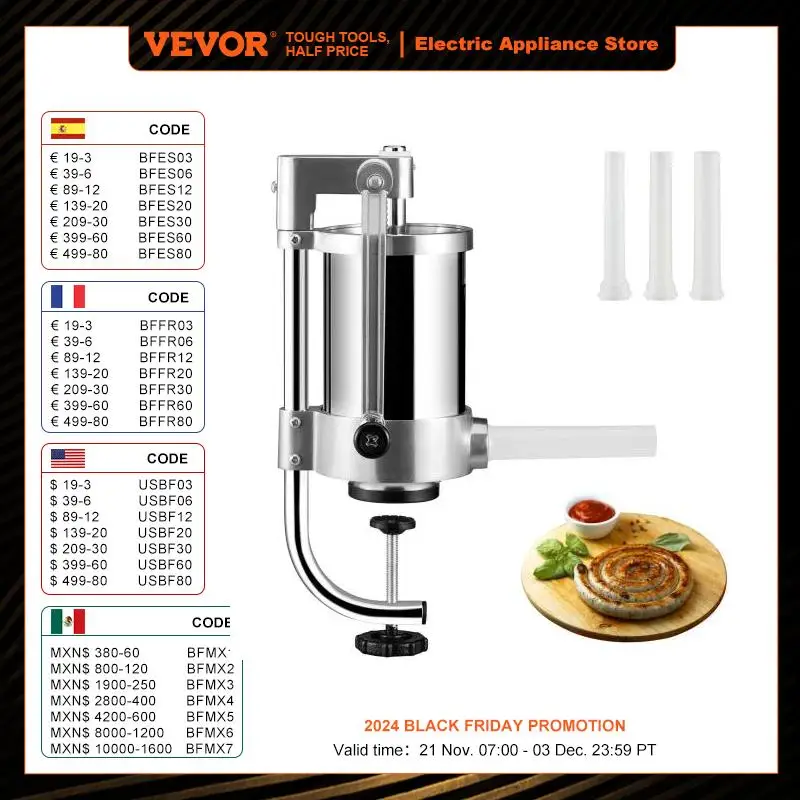 

VEVOR Sausage Stuffer 2.5LBS/1.5L Capacity with 3 Stuffing Tubes Suction Base and Manual Crank for Household or Commercial Use