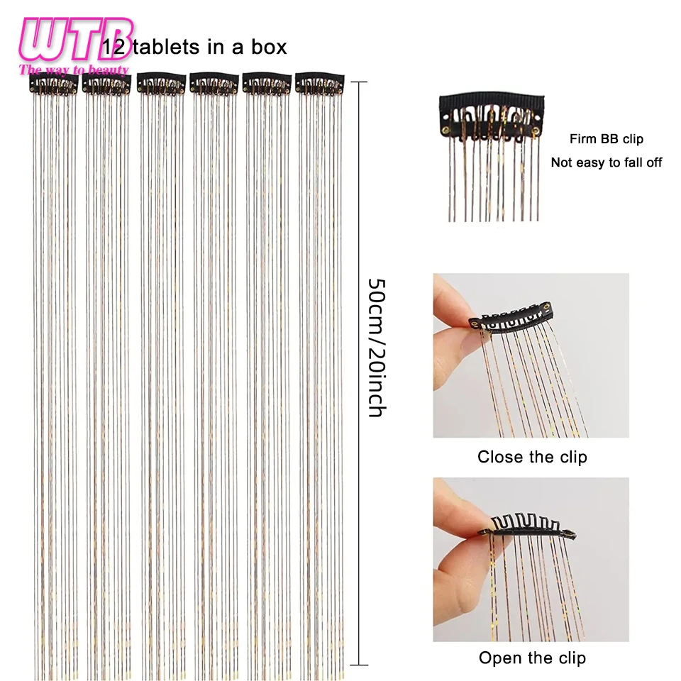 12 Piezas Clip en Cabello 20 Pulgadas Sintético Colorido Glitter Tinsel Extensión de Cabello Fiesta Navidad Año Nuevo Regalo para Mujeres Cabello 4