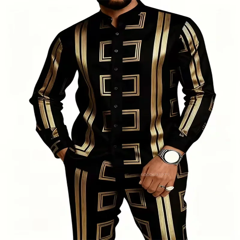 Men 2 Piece Outfit Set Black Gold Geometric Print Stand Collar Long Sleeve Shirt & Pants Fashion Party Formal Men Matching Suit