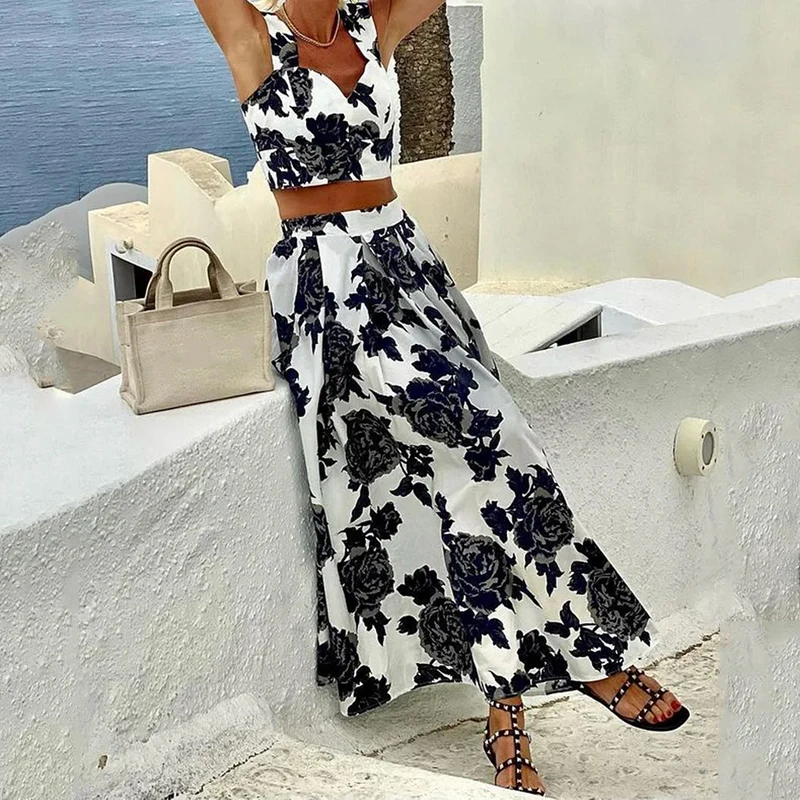 Wefads Women Two Piece Set Summer Elegant V Neck Sleeveless Backless Floral Printed Vest Top Loose Long Skirt Sets Streetwear