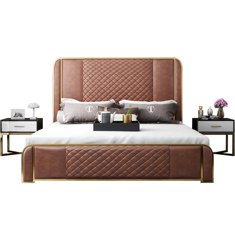 

Stainless steel be d Hong Kong light luxury bed wedding leather b ed environmentally friendly children's bed high box storage