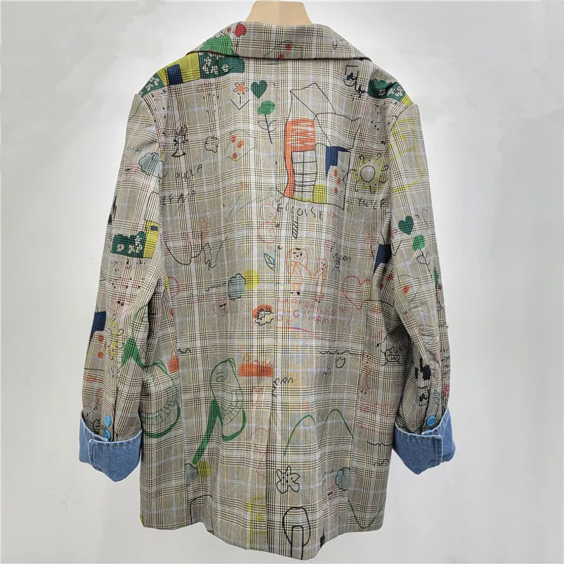 WTHT Trendy Women\'s Gray Plaid Graffiti Design Loose Casual Blazer 2024 Autumn Fashion Lapel Long Sleeves Jacket Female 1LS082
