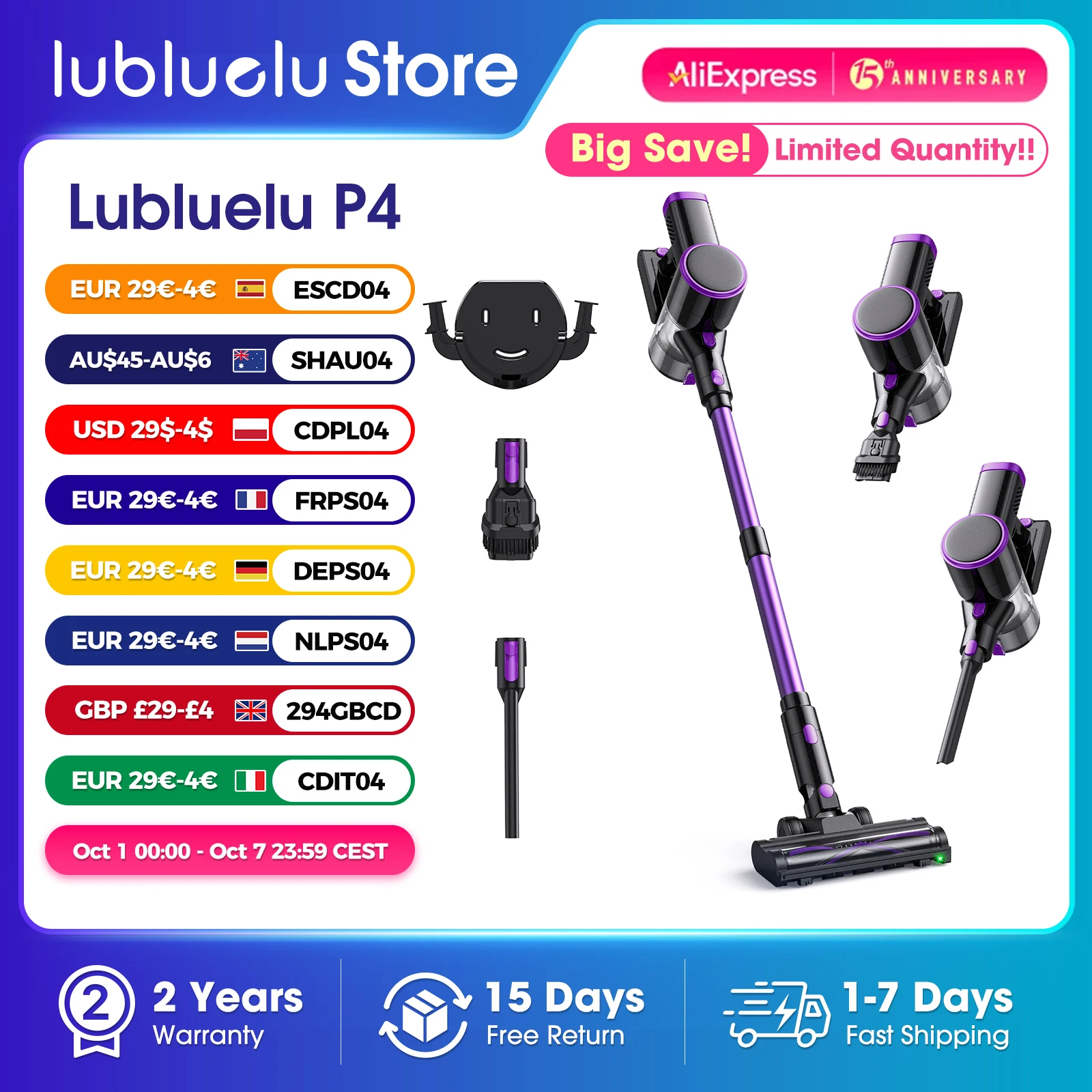 مكنسة Lubluelu P4 اللاسلكية بشفط 36 كيلو باسكال، وقت تشغيل 40 دقيقة، قائم بذاته، فلتر HEPA، LED أخضر، للحيوانات الأليفة لسجاد الأرضيات الصلبة