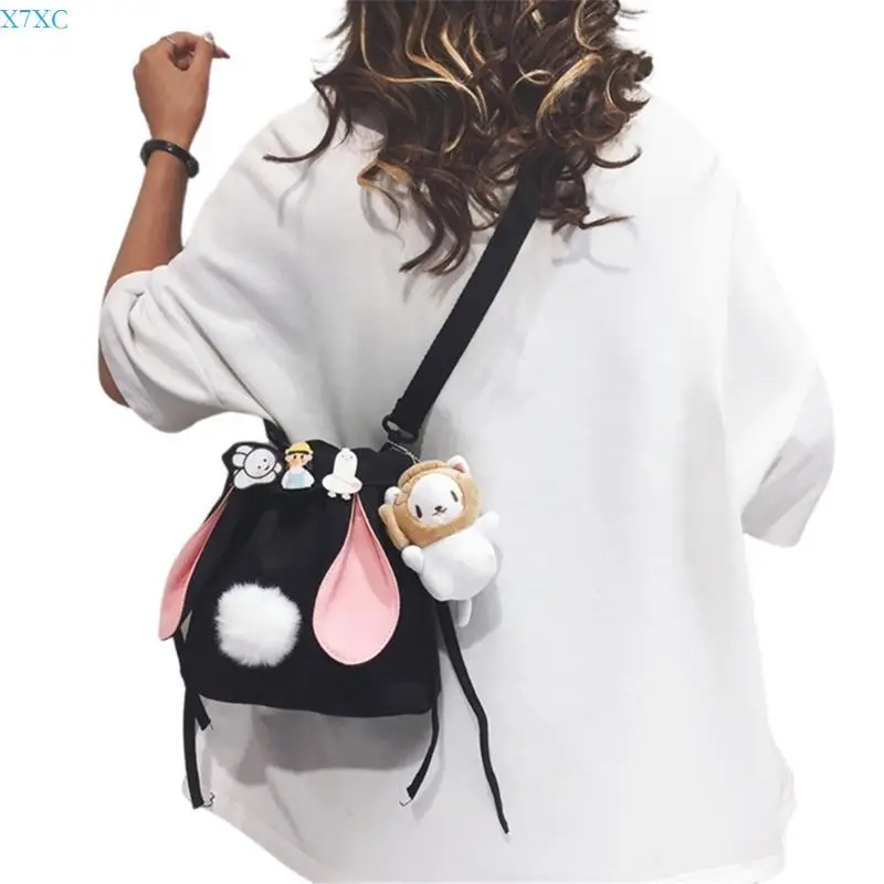 

X7XC Women Canvas Drawstring Shoulder Bag Rabbit Ears Small Crossbody Bucket Bag