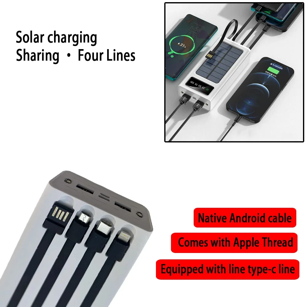 20000mAh Solar Power Bank with 4 Cables Portable Charger LED Digital Display Powerbank External Battery Pack Poverbank for Phone