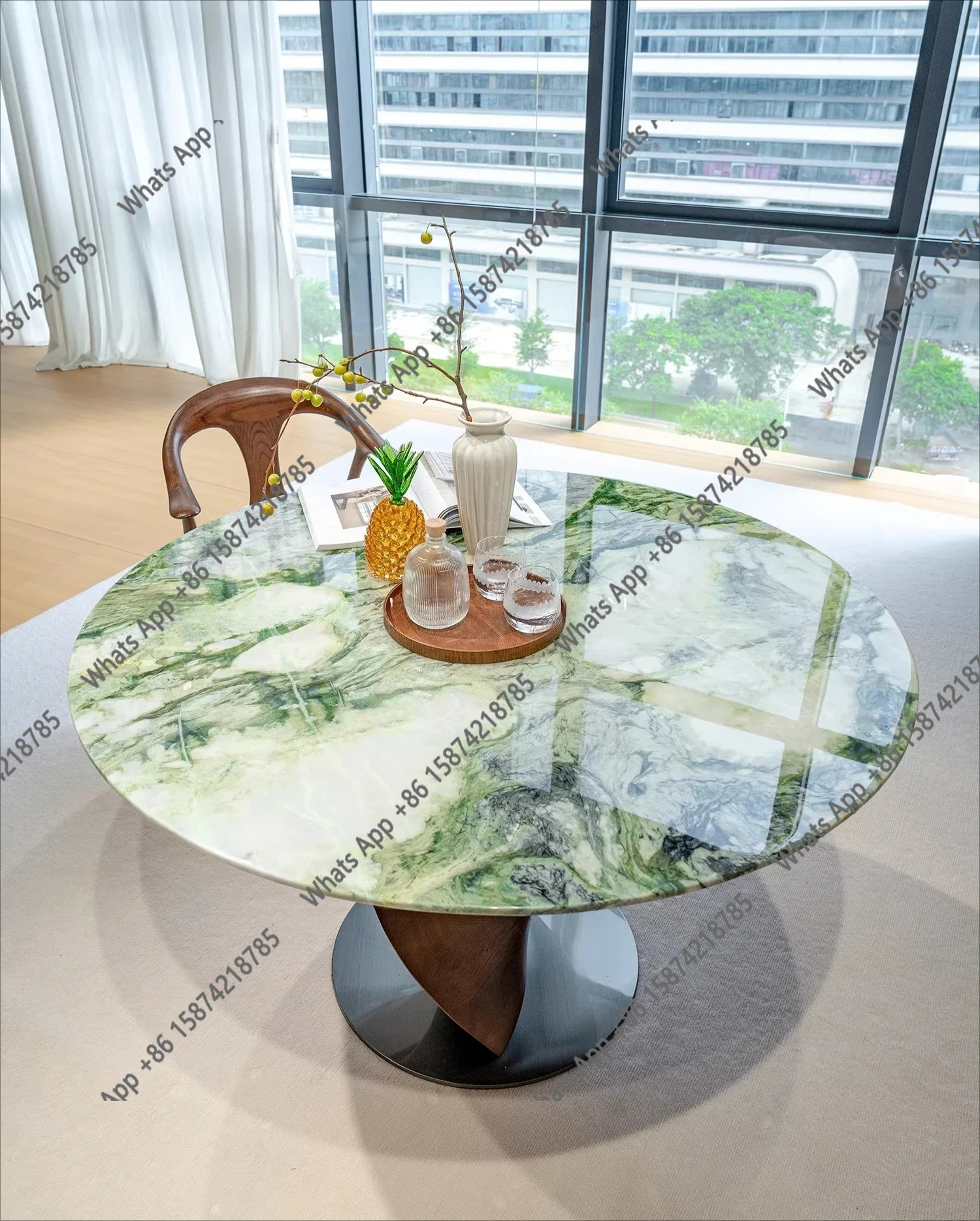 

X69 Natural Glacier Green Luxury Stone Dining Table New Chinese Natural Jadeite Green Marble Round Table