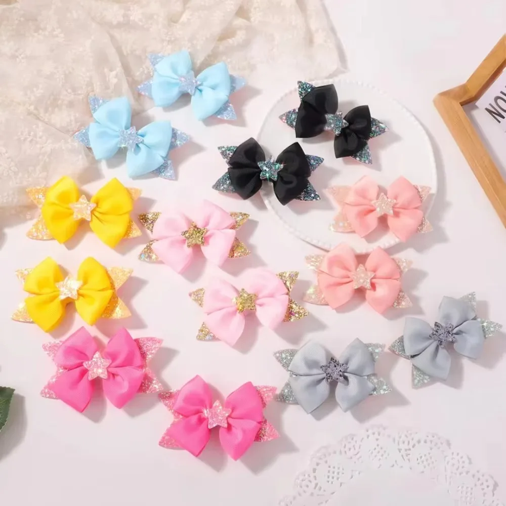 BABY BOWS 2Pcs 4.33inch Star Glitter Bow Hair Clips for Girls Boutique Ribbon Dovetail Barrette Headwear Kids Hair Accessories