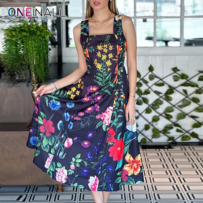 ONEINALL Hit Color Floral Printing Backless Dresses For Women Square Collar Sleeveless High Waist Patchwork Lace Up Dress Female