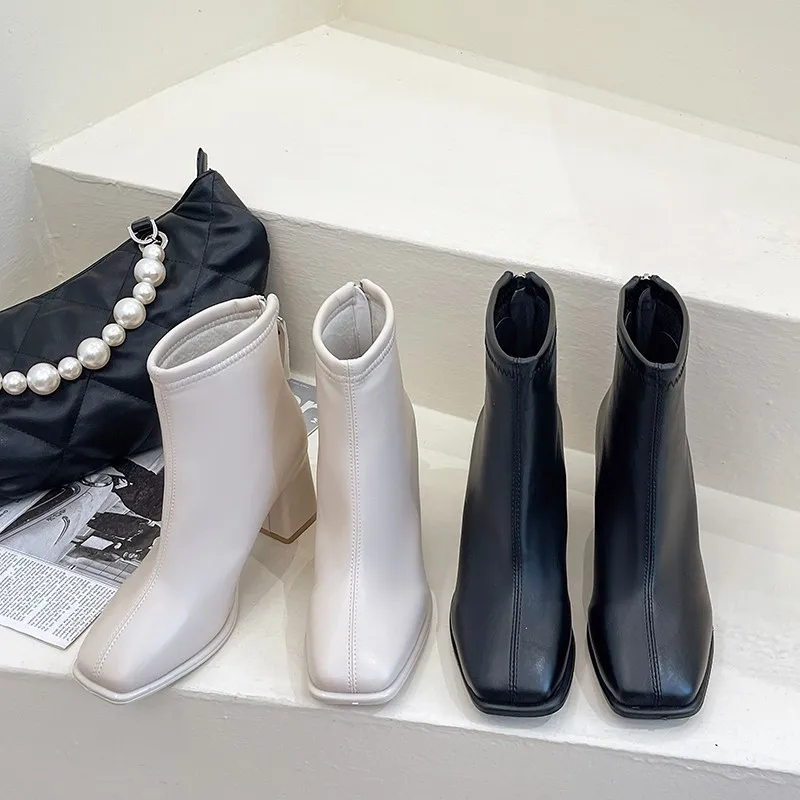 Winter Square Toe Elegant Banquet Women\'s Shoes Fashionable Square Heel Comfortable Short Boots High Heel Warm Knight Boots