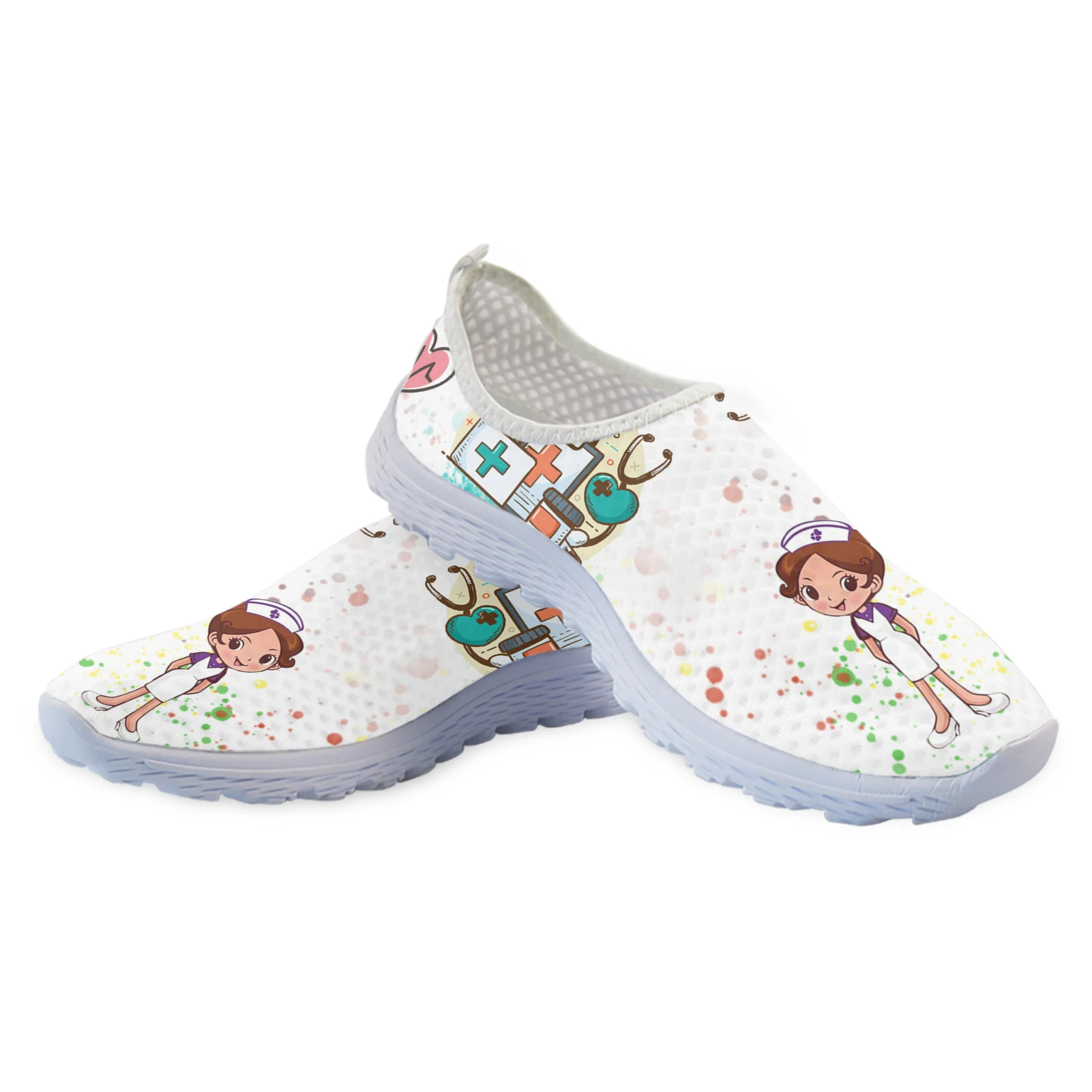 INSTANTARTS Brand Design Women White Nursing Shoes Cute Cartoon Nurse Doctor Medical Print Slip-on Loafers Mesh Casual Shoes