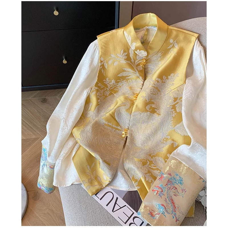 New Chinese Style Satin Embroidered Button Women's Two-Piece Set Autumn 2026 Improved Tang Costume Vest Shirt Ladies T-shirt
