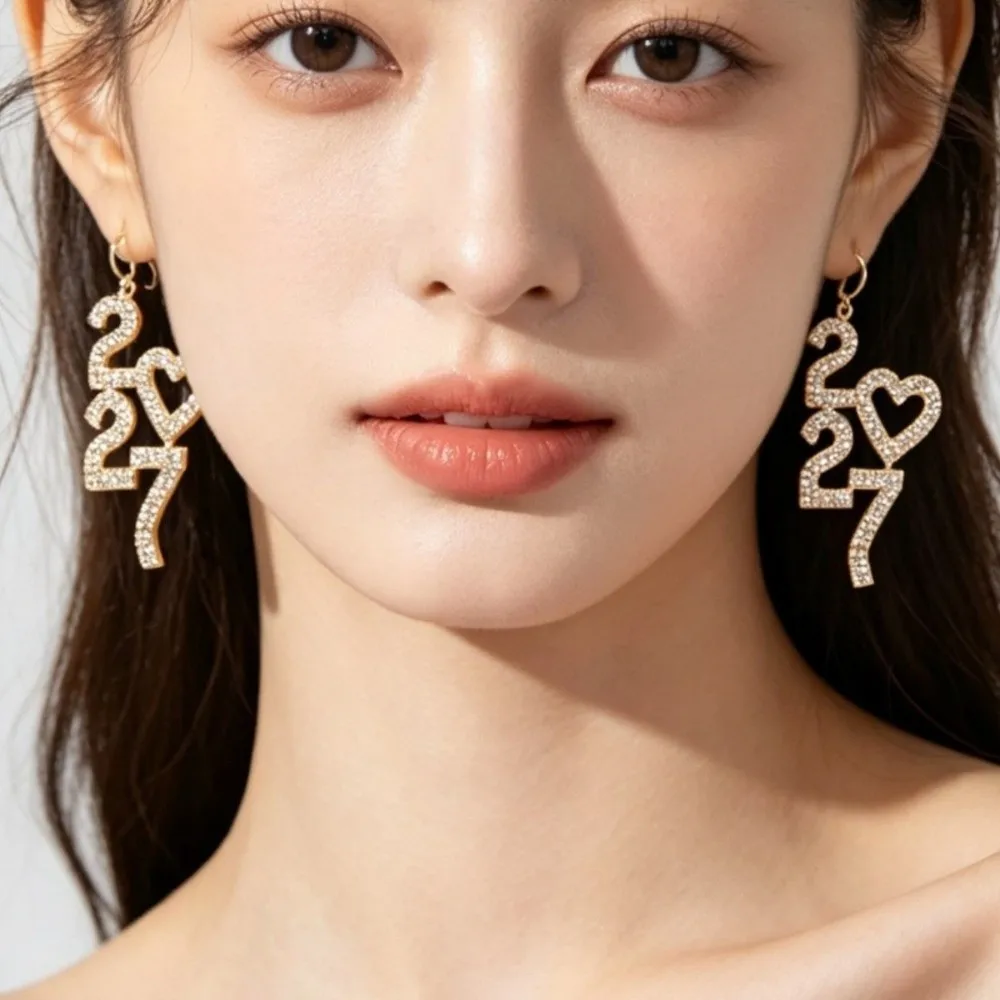 Elegant 2027 Digital Earrings Long Drop Love Heart Happy New Year Earrings Shiny Rhinestone Stud Earrings Birthday