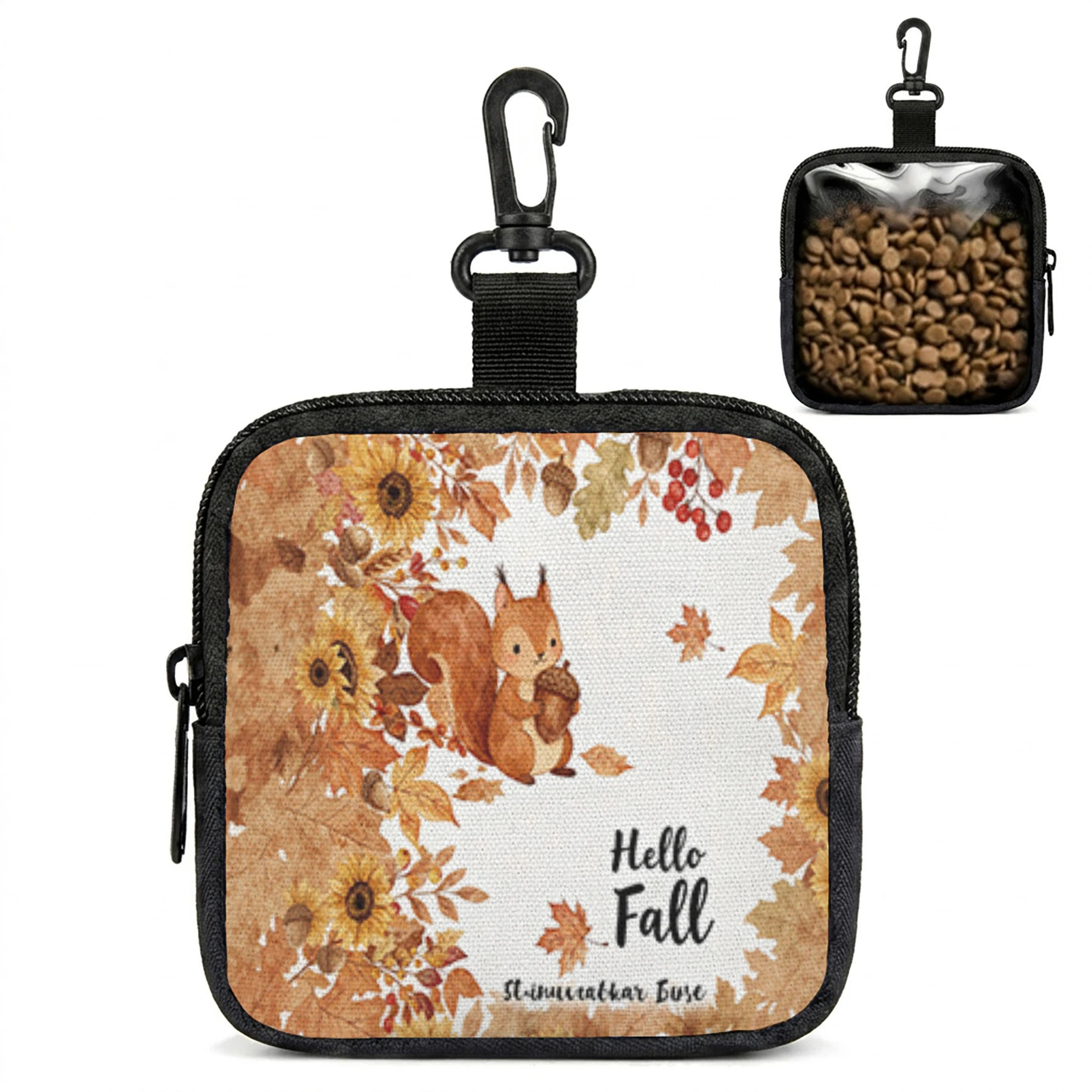 Hello Fall Squirrel Sunflower Autumn Leaf Print Pet Treat Bag Mini Zipper Pouch With Carabiner, Portable Dog Snack Pouch