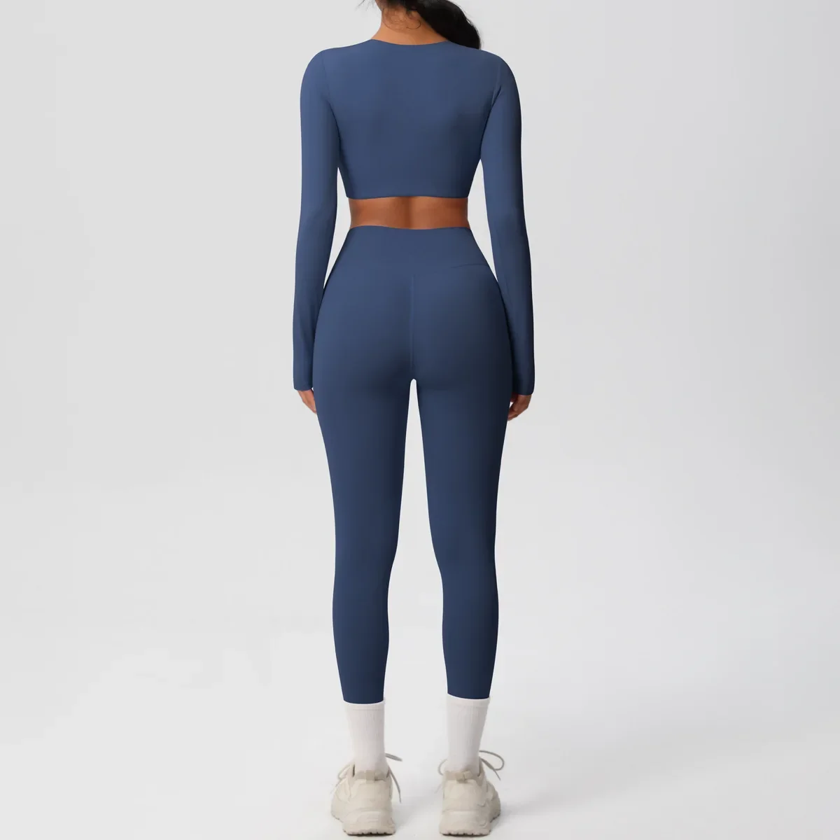 Seamless GYM ชุดสตรีชุดกีฬาแขนยาวเสื้อผ้าโยคะฟิตเนส Crop TOP กางเกงขายาวเอวสูง 2 ชิ้นชุดกีฬาออกกําลังกาย