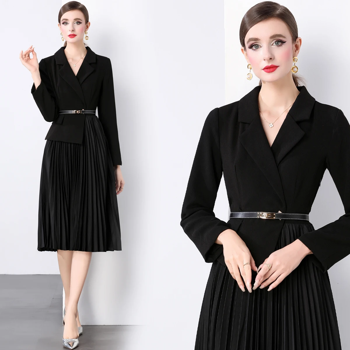 Quality Autumn Winter Long Sleeved Fake Two-piece Suit Coat Blazer Dress Women Notched Pleated Midi Work Dresses Lady Black