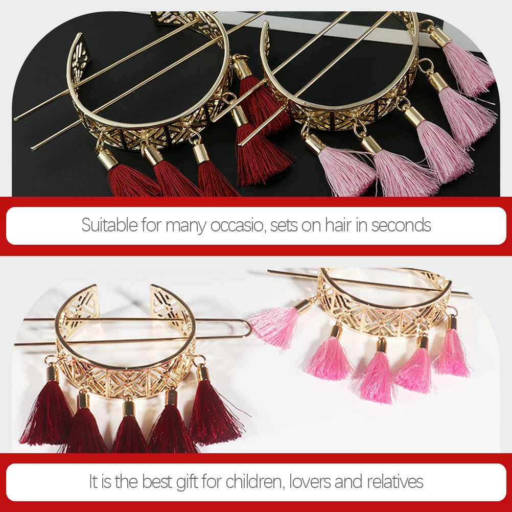 

2pcs Retro Tassel Hairpin Alloy Hollow Design Bun Fixing Accessory for Women Chinese Style Party Hair Stick Gift for Girls