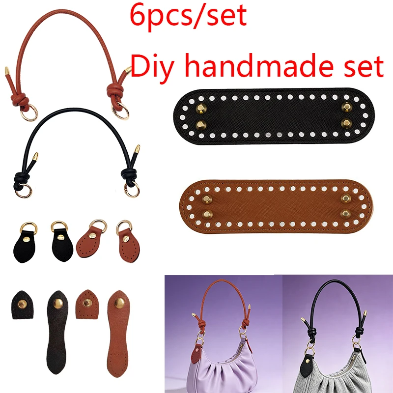 6Pcs Woven Bag Handles, Pu Buckle Bag Hardware Accessories, DIY Handmade Bag Buckle and Base, Suitable for Crochet Bags, Replacement Straps for Knitted Bags and Handbags