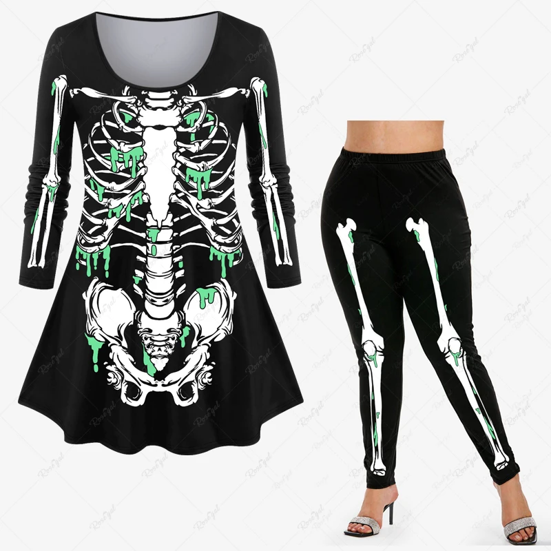 Autumn 2023 New Ladies Halloween 3D Skeleton Bloody Printed Long Sleeves T-shirt Or Skinny Leggings Daily Casual Matching Set