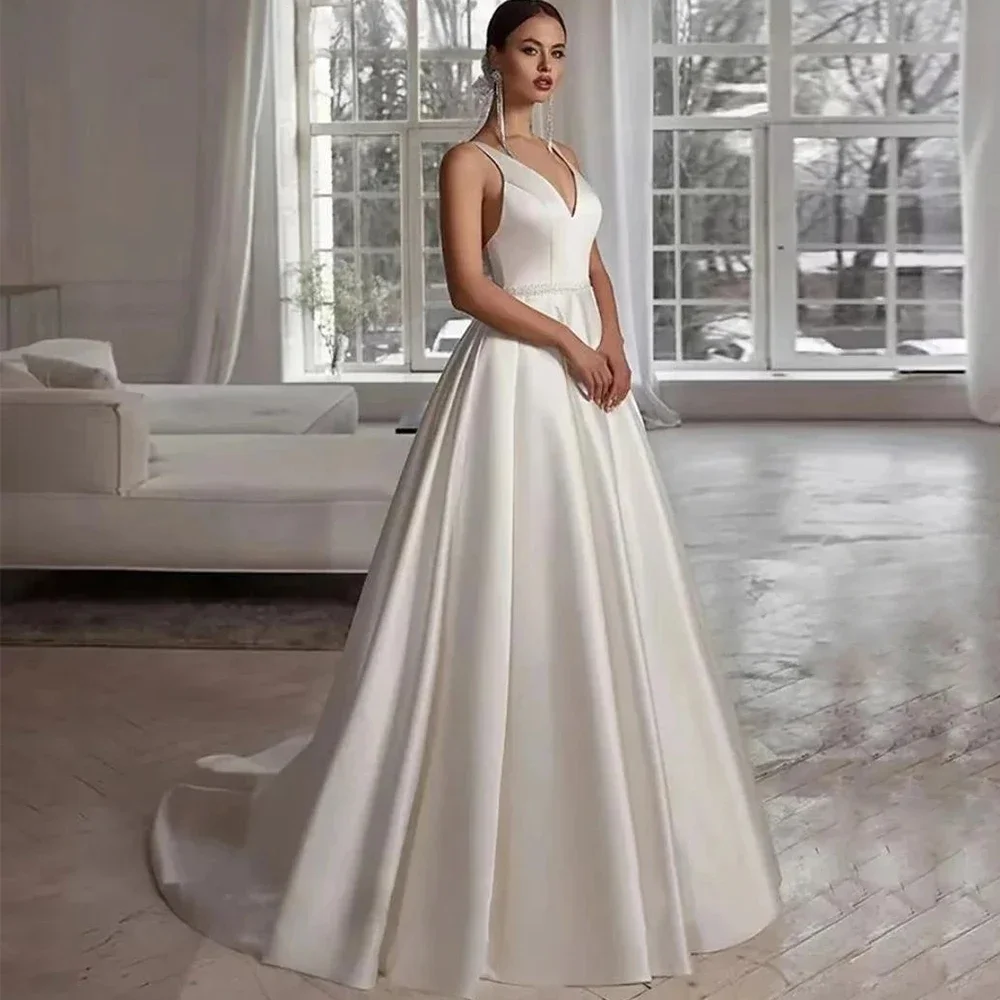 Bridal Satin A-Line Floor Length Wedding Dress V-Neck Sleeveless with Beading Belt Sexy Open Back with Buttons Sweep Train Gowns