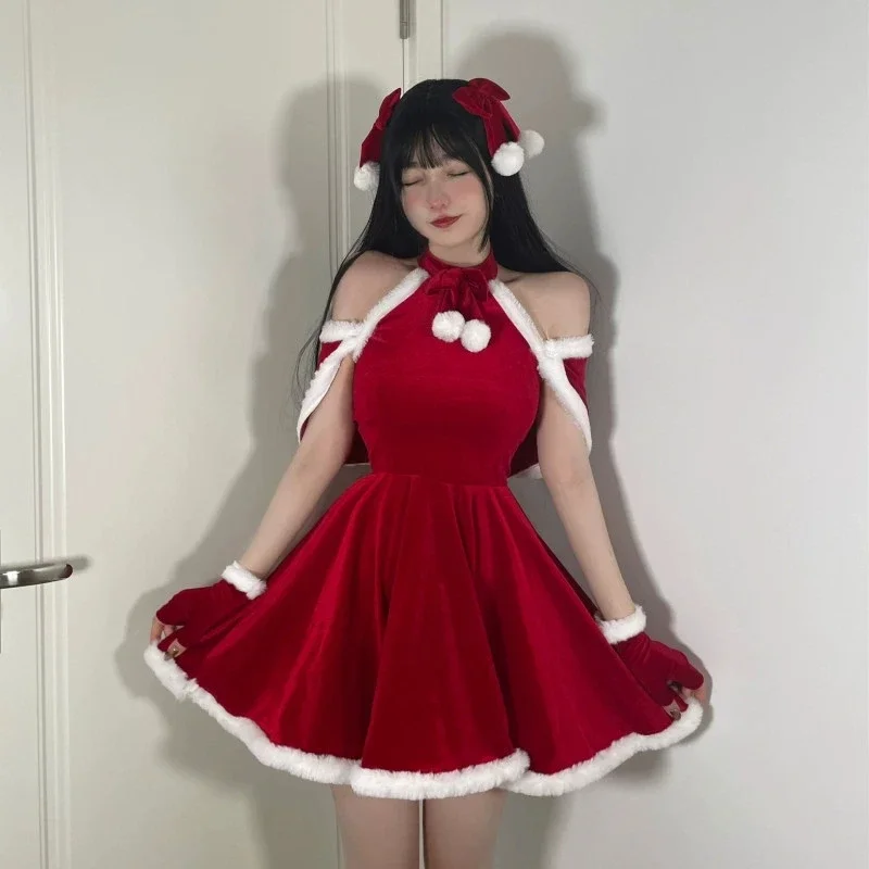 2024 New Christmas Clothing Santa Claus Dress Four Piece Set Cool and Hot Red Plush Hanging Neck Skirt Holiday Party Bunny Girl