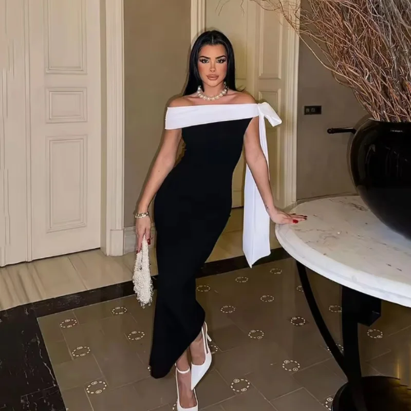 อาหรับชุดราตรีปิดไหล่แขนกุดนางเงือกชุดราตรีสีตัดกันชุดปาร์ตี้ที่กำหนดเอง فساتين سهرات