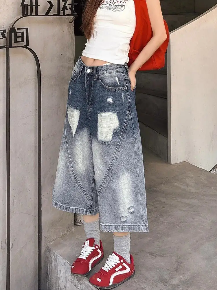 อเมริกันวินเทจล้างGradient Denim Caprisสําหรับผู้หญิงY2Kสาวร้อนสไตล์Distressedขากว้างสบายๆCroppedกางเกงแฟชั่น
