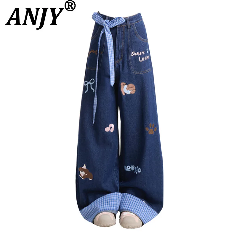 

ANJY, осенне-зимние новые женские клетчатые швы, закатанный подол, милые свежие джинсы с вышивкой щенка, шикарные широкие джинсовые брюки A12046