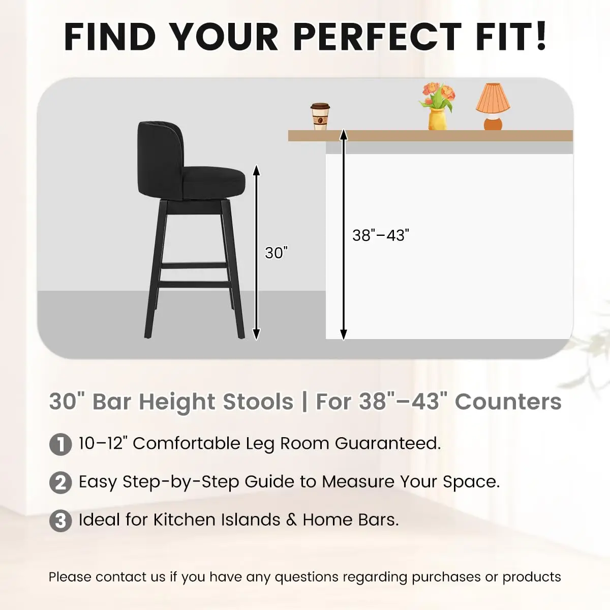 Black Swivel Bar Stools Set of 4 with Wood Legs 30" Counter Height Kitchen Dining, Customized - view 5