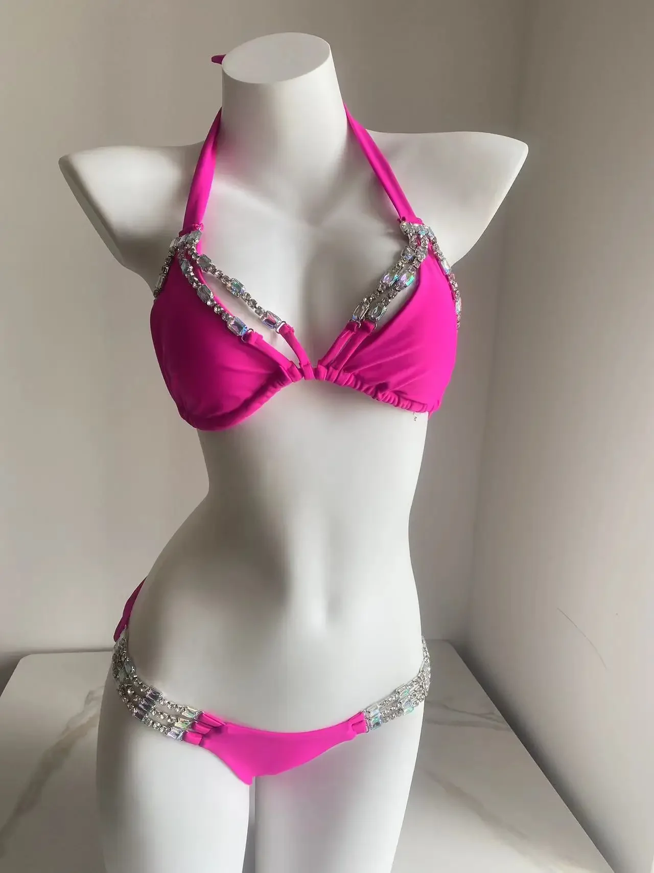 

Hot Pink Sexy Bikinis Swimsuit Rhinestones Women Swimwear Female Push Up Bikini Beach Swim Wear Bathing Suits Pool Bather