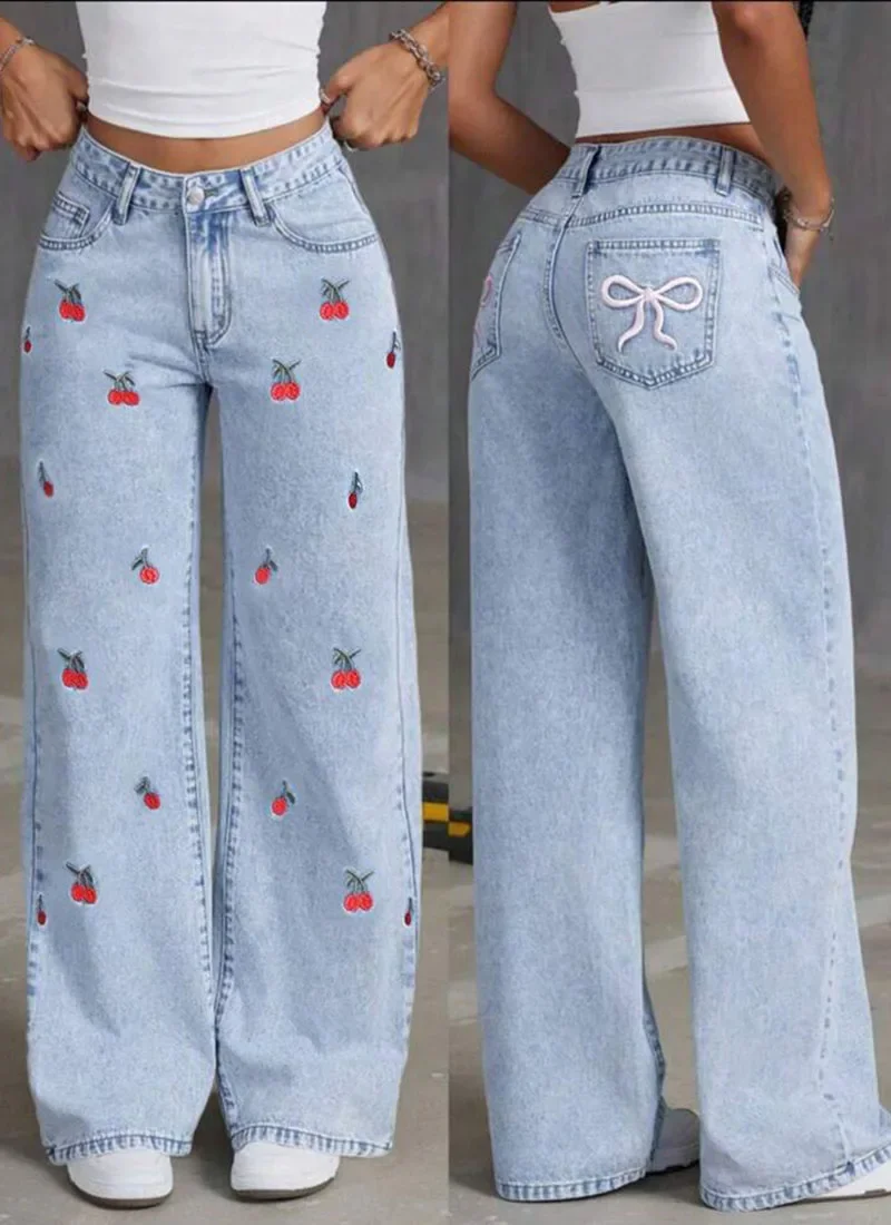 Women Vintage Fruit Printed Wide Leg Jeans, Loose Floor Length Denim Trousers, Retro Streetwear Casual Ladies Daily Pants