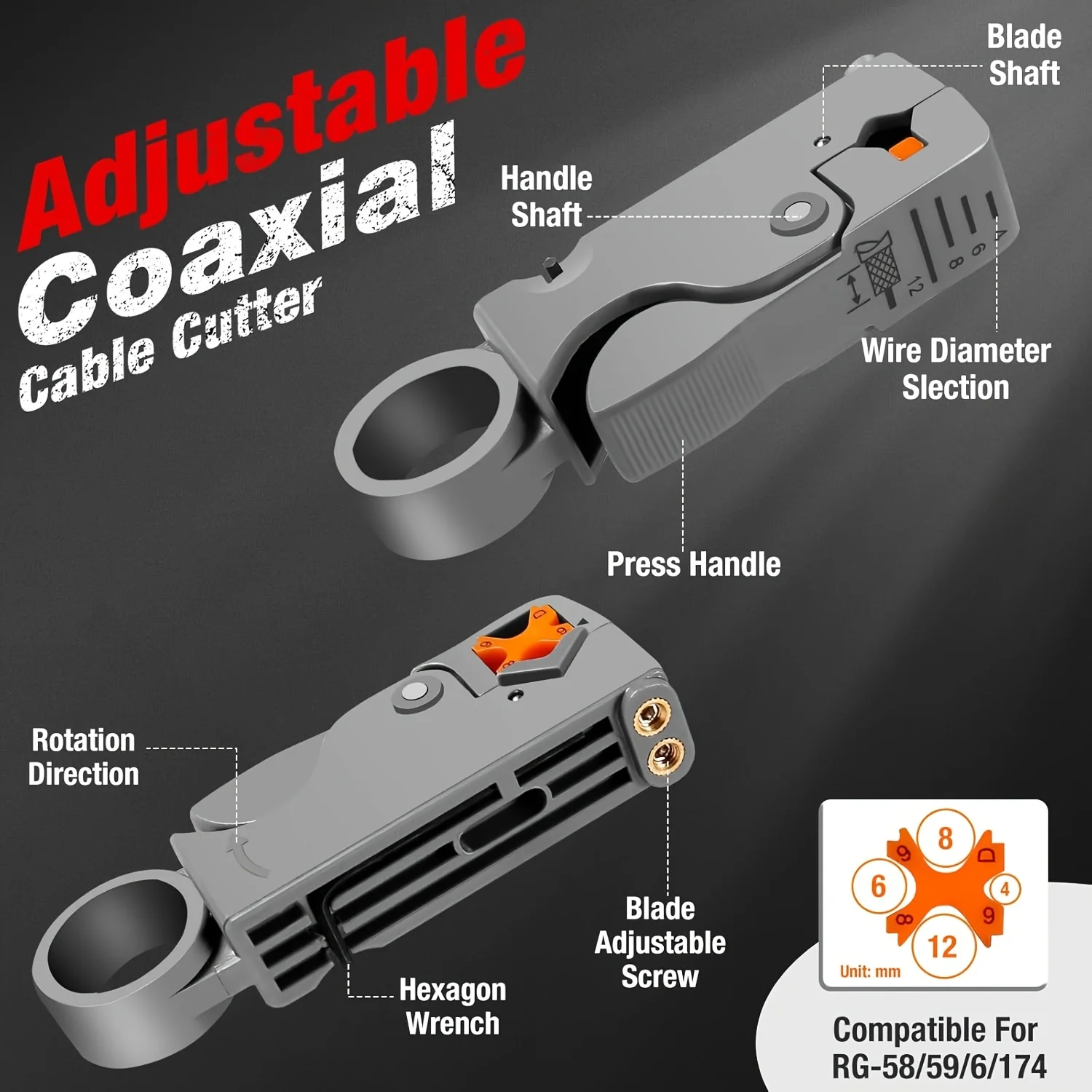 Coaxial Cable Crimper for RG59, RG6, 3-in-1 Coax Cable Repair Kit with Wire Stripper Adjustable, Theater Network Cabling