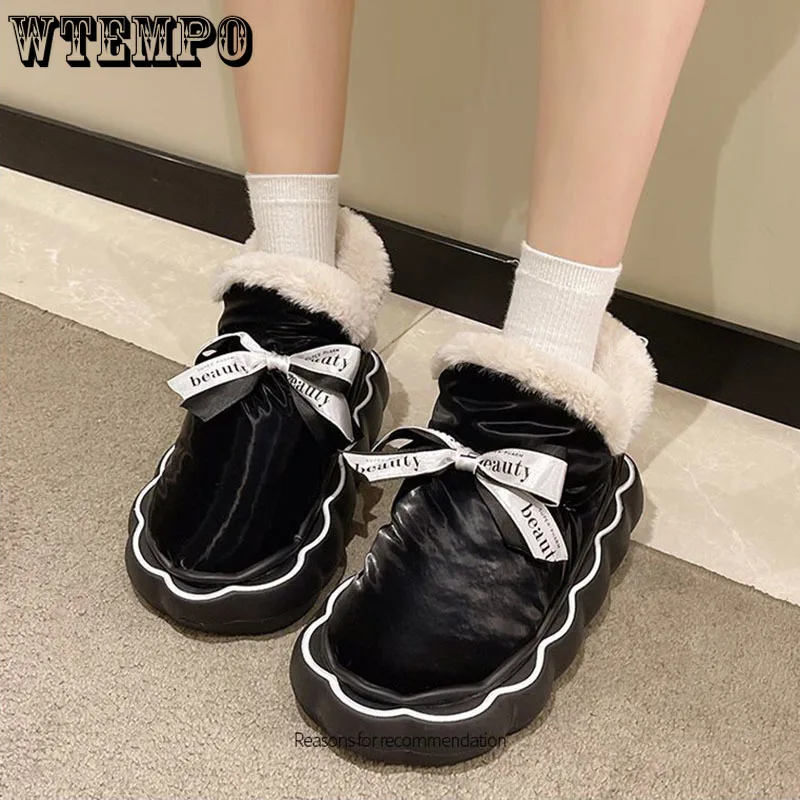 Black PU Leather Snow Boots Cute Lace Up Bow Plush Warm Women Cotton Shoes Thick Flat Sole Waterproof Winter Casual PreppyStyle