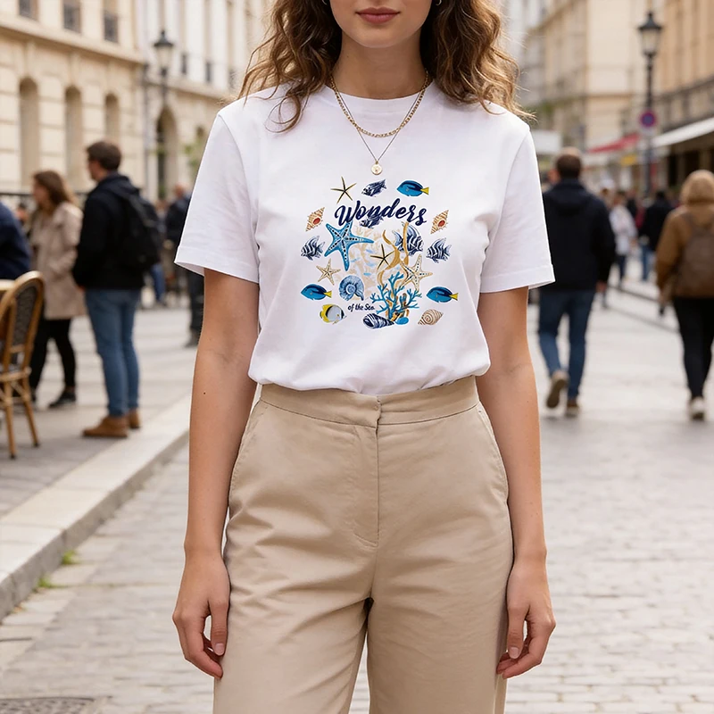 Women's Letter T Shirt with Seashell Ocean Animal Pattern Print 90s Short Sleeve T-Shirt Casual Korean Style Tees Tops Female