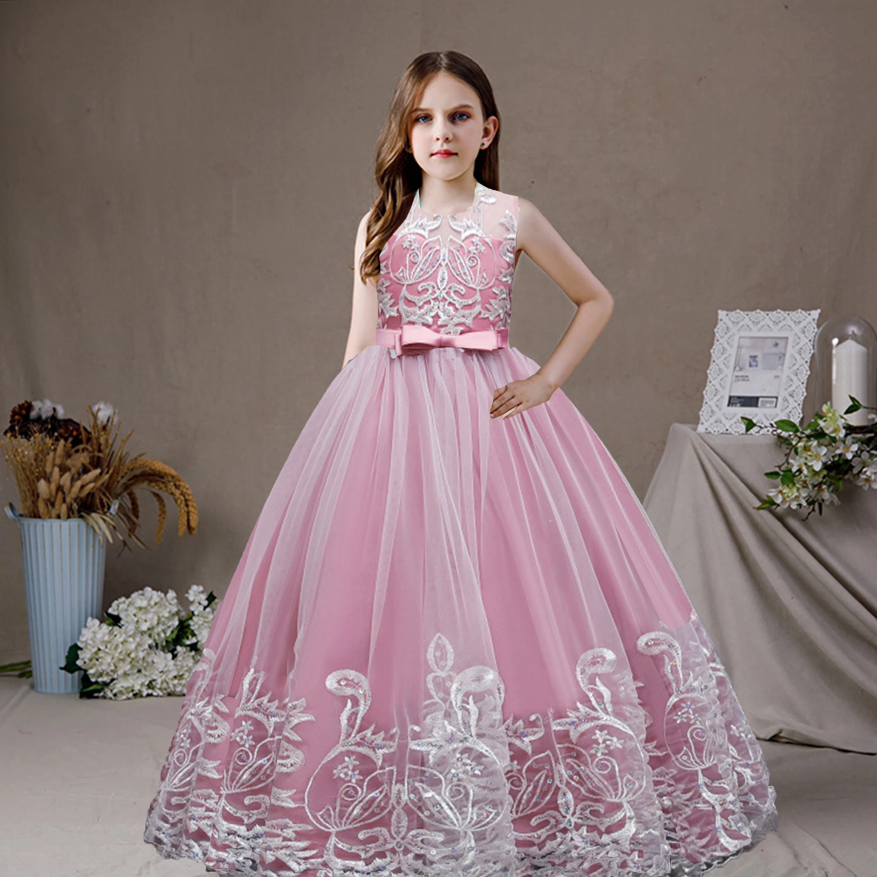 

Grace Stylish Little Big Girls Lace Appliqued Bowknot Wedding Flower Girl Birthday Party Formal Long Dress 9102