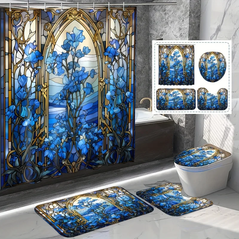 1/4pcs Blue Glass Flower Pattern Set, Shower Curtain With 12 Hooks, Non-Slip Bath , U-Shaped Toilet Mat, Toile