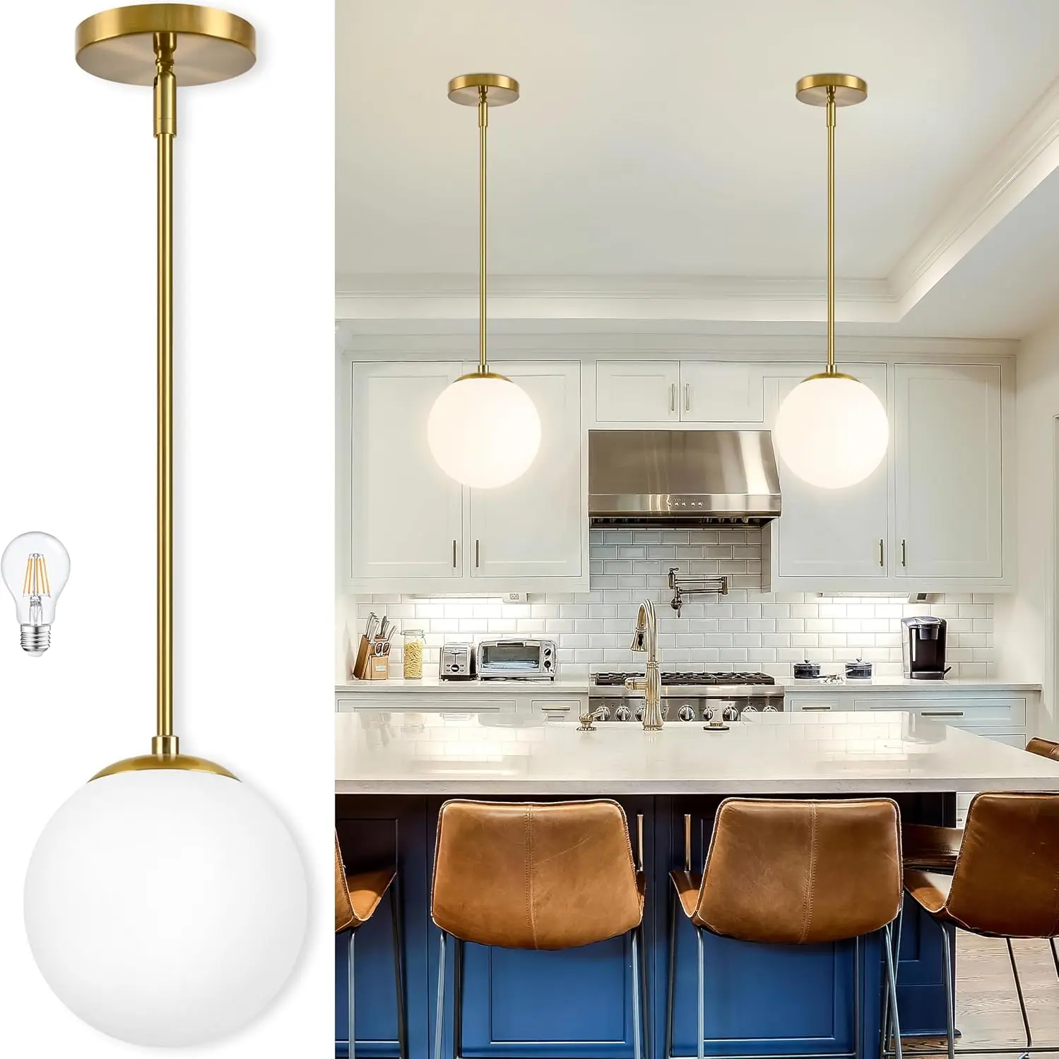 

8" Globe Pendant Light, Mid Century Modern, Brushed Brass, Milk Glass Shade, Adjustable Height