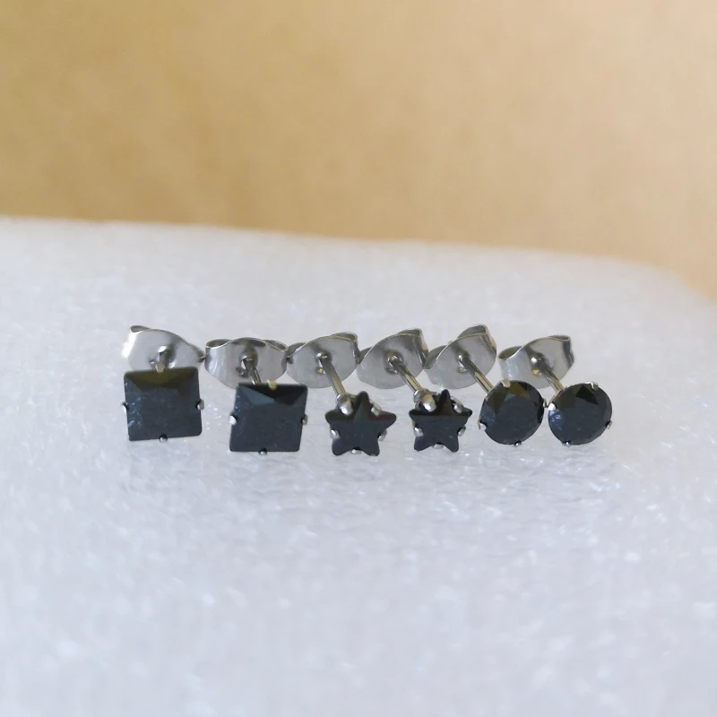 3 Pairs Black AAA Zircons Round Star Square Brief Stud Earrings 316L Stainless Steel IP Planting No Fade Anti Allergy