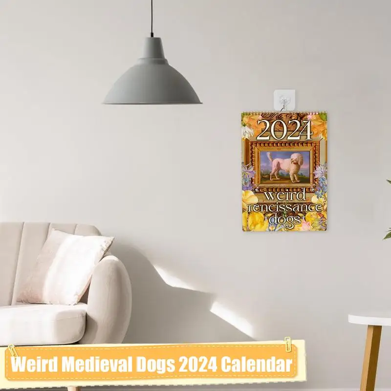 Estranho Medieval Dogs Calendar, Retro Wall Calendar, Renaissance, Escritório e Material Escolar, 2024