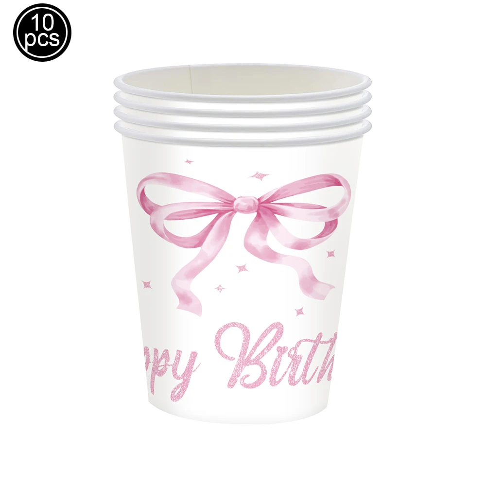 Schleife Rosa Einweg-Strohhalme Tassen Pappteller Tablett Serviette Popcorn Boxen Mädchen Geburtstag Schleife Thema Party Dekorationen Partyzubehör – Detail 8