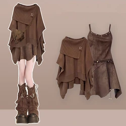 Women's Autumn Winter Loose Sweater Sling Mini Irregular Dress 1 or Two Piece Set New Indie Folk Dresses Knit Shawl Tops Outfits