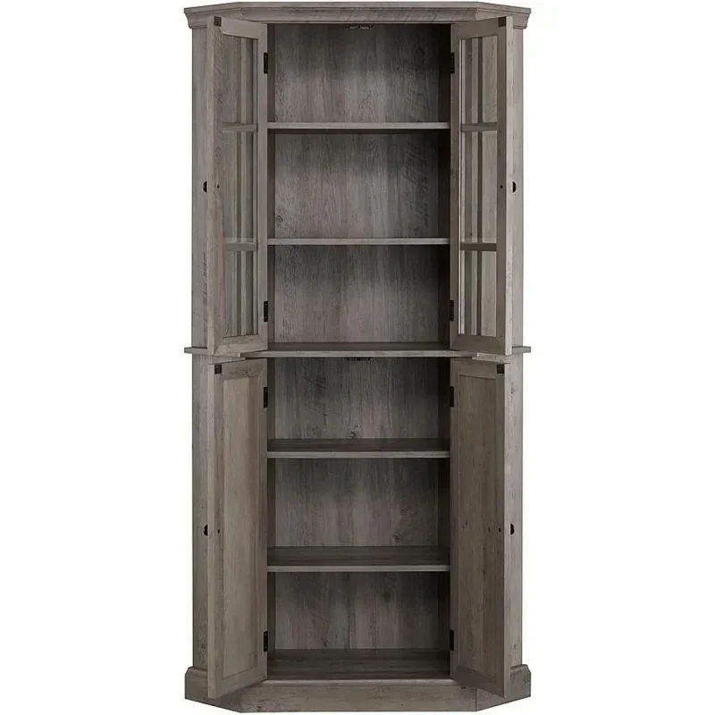 Home Source Corner Cabinet with Doors, Wood Hutch, Transparent Glass , Bar for Living Room, Kitchen,