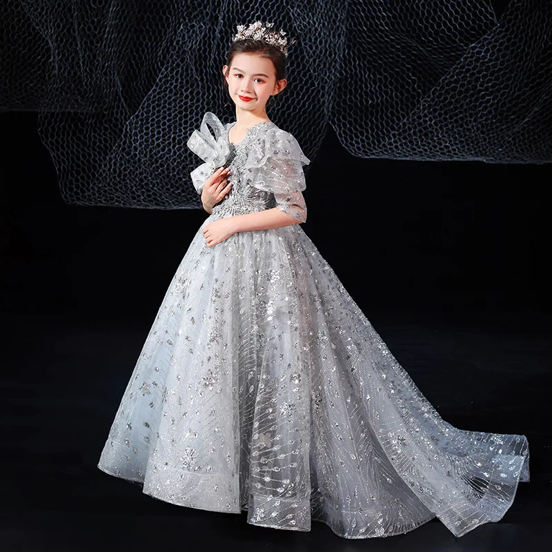 

Детское вечернее платье, платье принцессы со шлейфом для маленьких девочек, платье для выступлений на фортепиано, стильный пышный тюль для весны