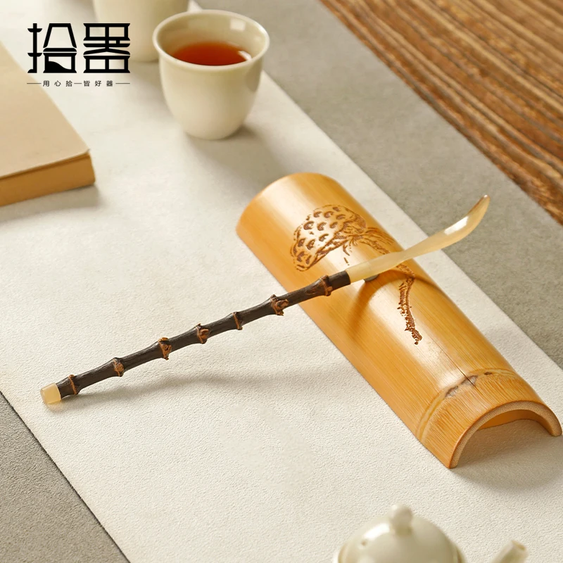 Handmade purple bamboo whip handle ox horn head tea pull tea needle hairpin tea scoop tea grilled tea ceremony six gentleman spa